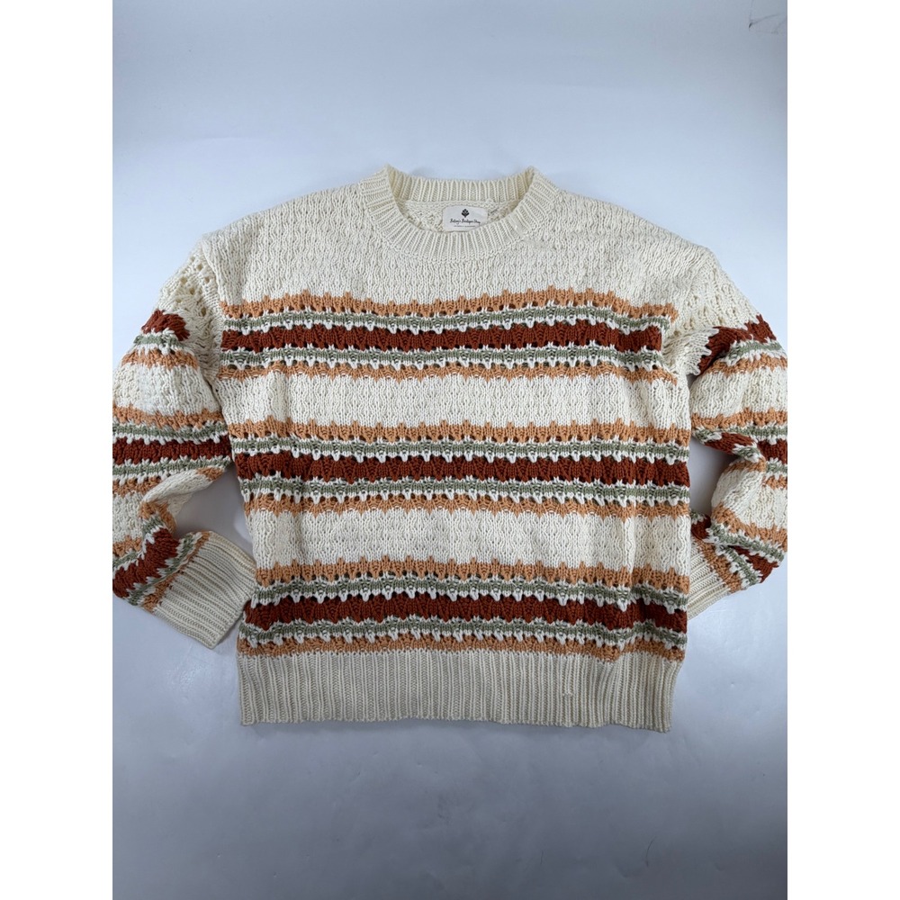 Betsey's Boutique Shop Striped Open Knit Crewneck Sweater Cream XL 54681